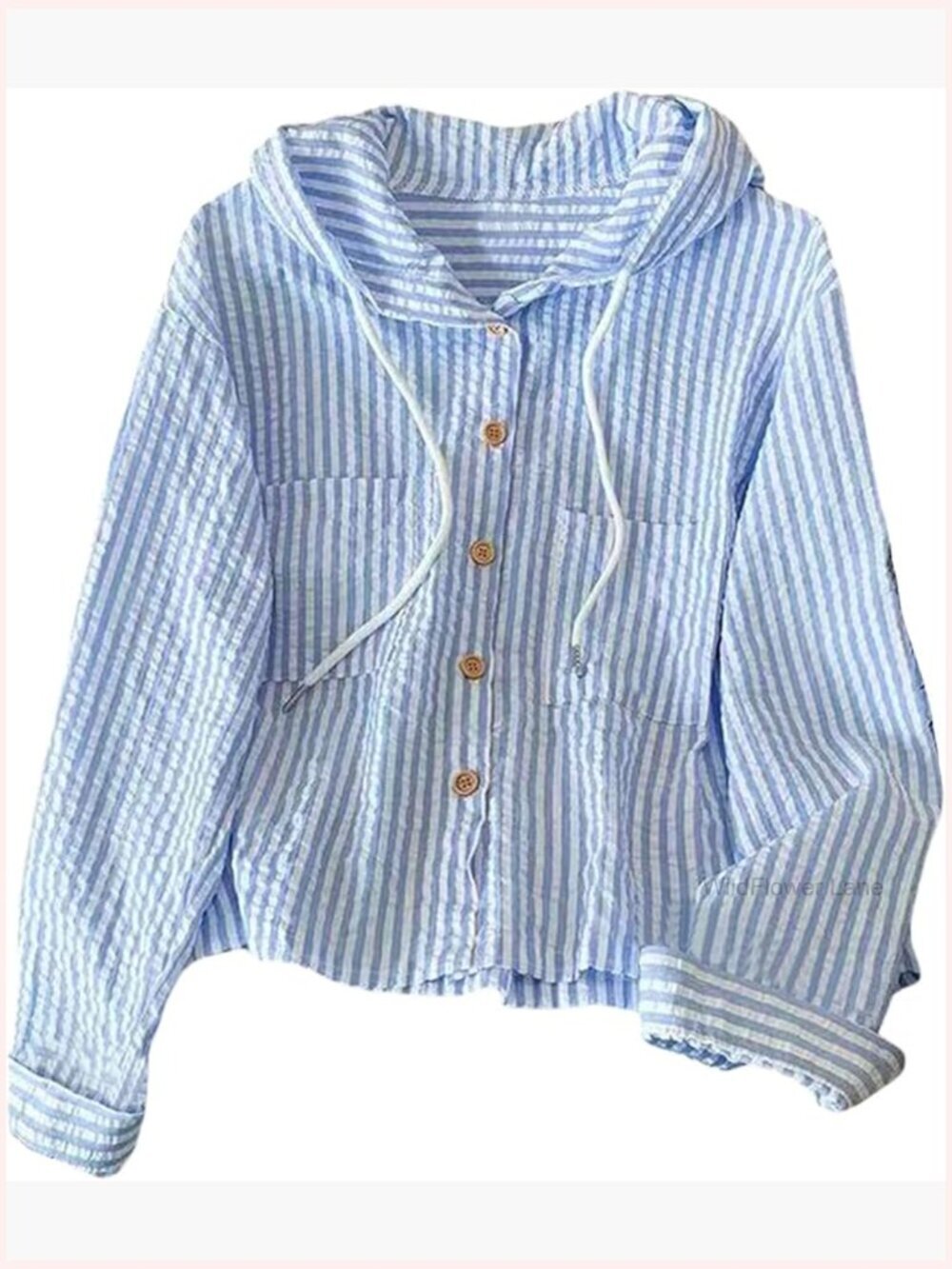 Women's Striped Button Down Long Sleeve Hooded Blouse Casual Top